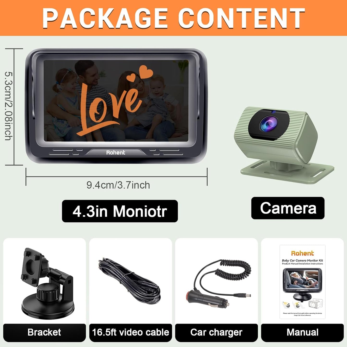 Rohent Baby Car Camera HD 1080P - Rear-Facing Infant Monitor with Night Vision Car Camera for Baby 150° Wide-Angle Lens Anti-Glare Screen Easy Install 360° Adjustable Display