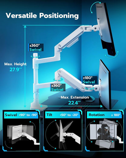 ARES WING Dual Monitor Arm for Ultrawide Heavy Duty Curved Monitor Stacking, Fits 17-49 Inch, Vertical Gas Spring Double Monitor Mount with USB, Adjustable Dual Monitor Mount for Desk, White