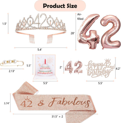 8pcs 40th Birthday Decorations gifts for Women, Including 40th Happy Birthday Cake Topper, Queen Sash with Pearl Pin, Sweet Rhinestone Tiara Crown for Women, Number Candles and Balloons (Rose Gold)