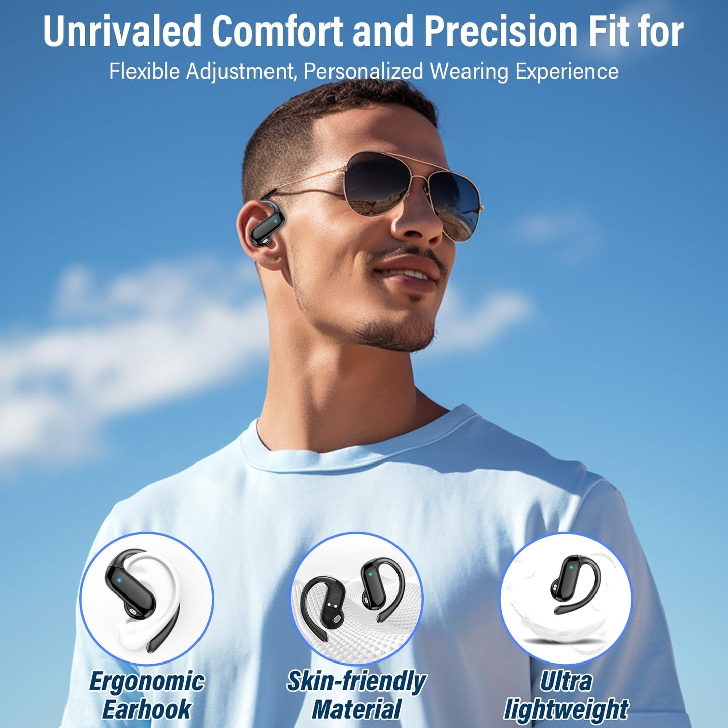 Open Ear Headphones, Bluetooth 5.4 Wireless Earbuds with HD Clear Calls, 32Hrs Immersive Stereo Air Conduction Earphones with Earhooks, LED Display, IPX7 Lightweight Open Ear Buds for Sports Blue
