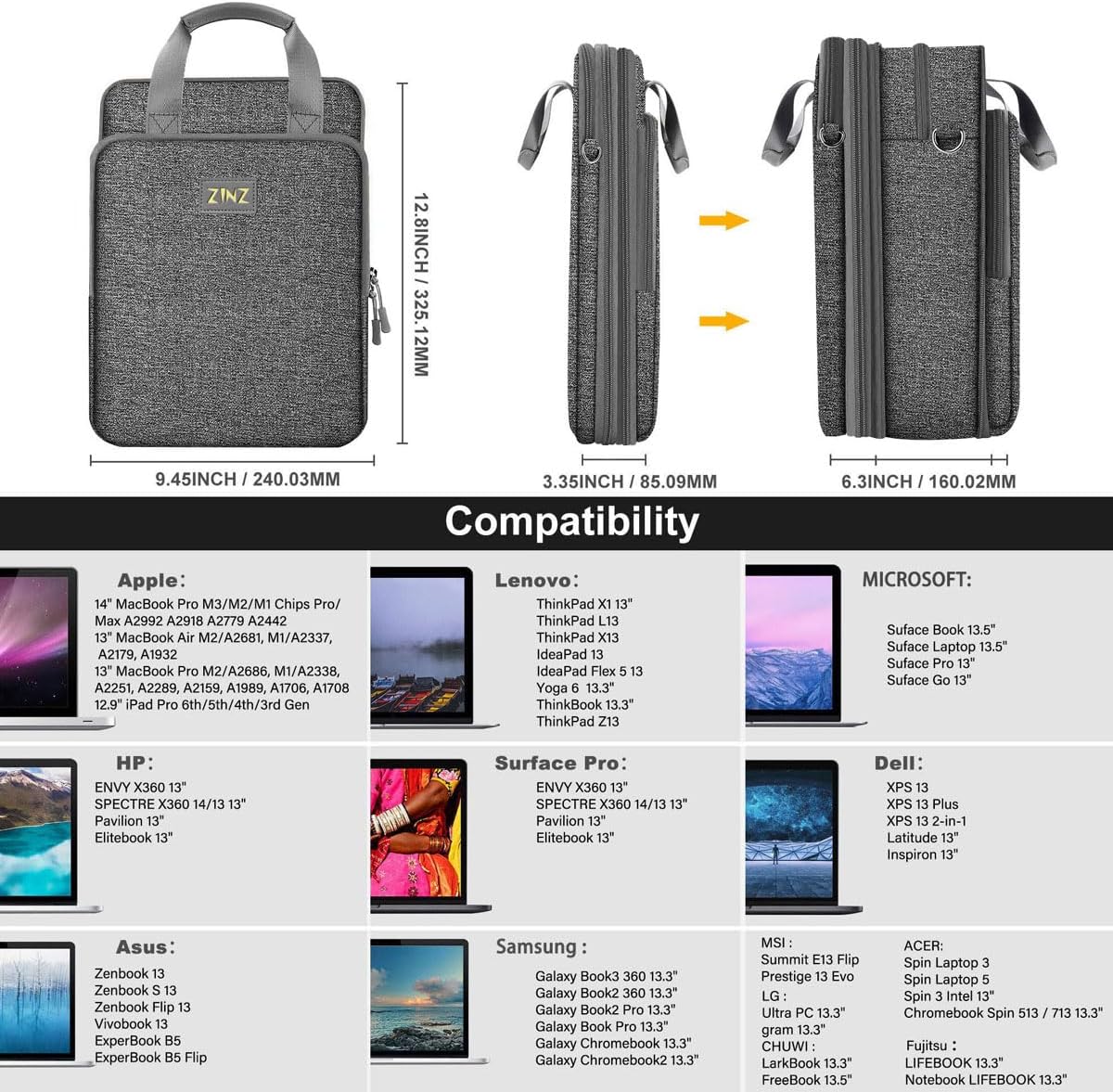 ZINZ Slim & Expandable Case 12.9 13 inch Travel Laptop Shoulder Bag for MacBook Air 13" M3/M2/M1, MacBook Pro 13" M2/M1, iPad Pro 12.9"/13"/11", iPad Air 13",L01G03 - PuriLite