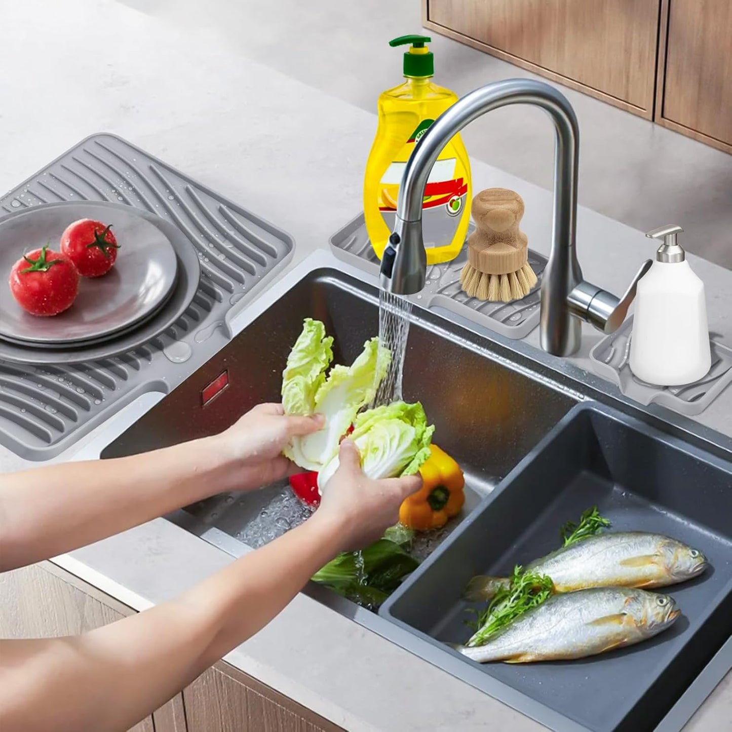 TIKNIK Silicone Dish Drying Mat for Kitchen Counter, Dish Drying Pad, Non-Slip Drain Pad with Built-in Drain, Heat Resistant Stone Drying Mat(40 L x 33 W cm, Grey)