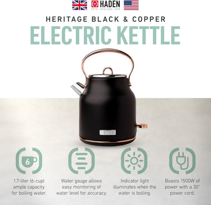 Haden 75041 Heritage 1.7 Liter (7 Cup) Stainless Steel Electric Kettle with Auto Shut-Off and Boil Dry Protection, Black/Copper