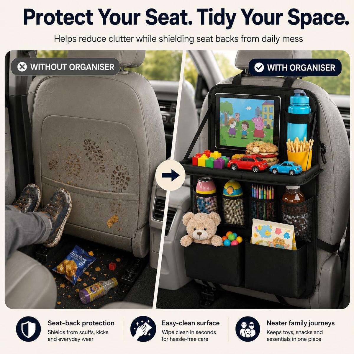 Palopalo 2Pack Car Seat Organiser with Fold Down Tray&Tablet Holder (Black)