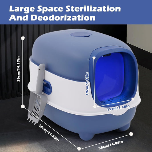 Ultra Large Fully Enclosed Cat Litter Box,Self Cleaning Cat Litter Tray for Cats with Automatic Anti-Sand Cage,Easy to Clean,Deodorize,Splash Proof Litter Box with Lid,55x38x36cm (Blue) - PuriLite