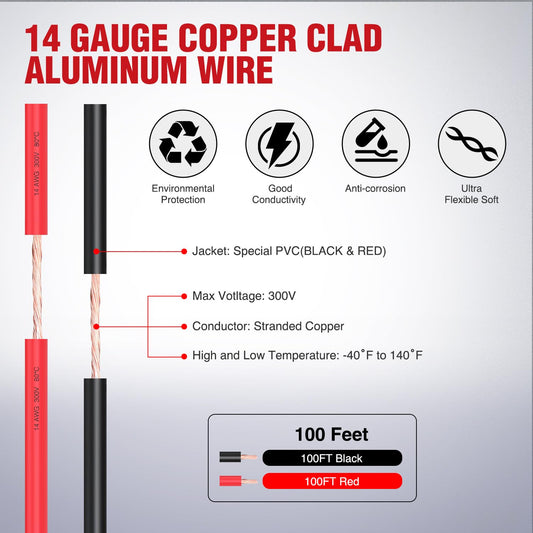 Nilight 100FT 14AWG Copper Clad Aluminum Wire 14/2 Gauge Red Black CCA Electrical Cable 2 Conductor Parallel 12V/24V DC Flexible Extension Cords for Car Audio Radio Speaker Amplifier