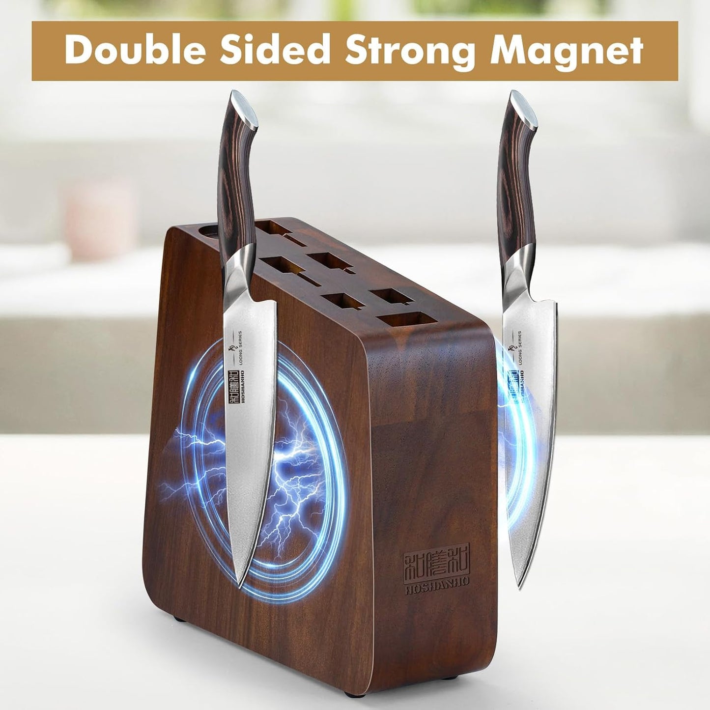 HOSHANHO Magnetic Knife Block 14 x 10 Inches, Double Sided Magnetic Knife Holder Rack for Kitchen Counter, Acacia Wood Magnetic Knife Storage Stand with Knife Sharpener