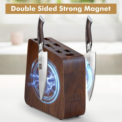 HOSHANHO Magnetic Knife Block 14 x 10 Inches, Double Sided Magnetic Knife Holder Rack for Kitchen Counter, Acacia Wood Magnetic Knife Storage Stand with Knife Sharpener