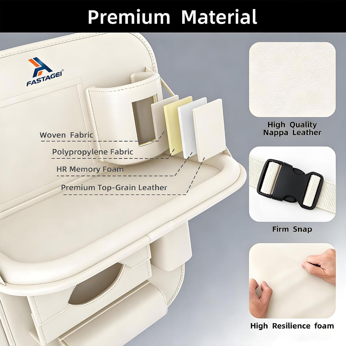 Universal Premium Leather Foldable Car Backseat Organizer with Table Tray, Car Seat Back Protector with Garbage Bag Touch Screen Pad Holder, Car Kick Mats Protector with Tissue Holder (Beige)
