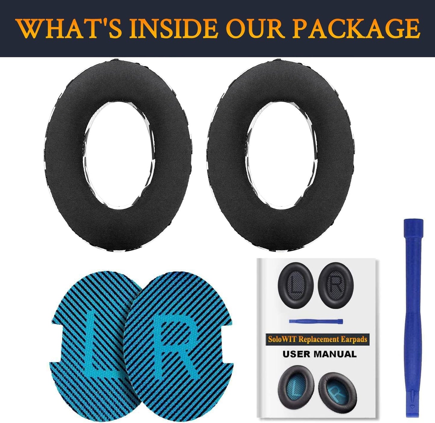 SoloWIT Earpads Cushions for Bose Headphones, Replacement Ear Pads for Bose QuietComfort 15 QC15 QC25 QC2 QC35/Ae2 Ae2i Ae2w/SoundTrue & SoundLink Around-Ear Series - QC25 PL Black&Blue