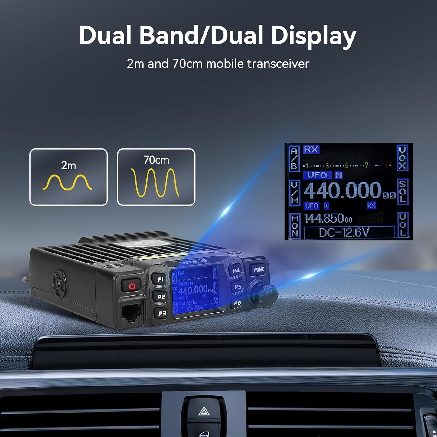 Retevis RT95 Mobile Ham Radio, Dual Band Two Way Radio Long Range, 200 Channels, 180 Rotatable LCD Display, Chirp, VOX, Mini Mobile Transceiver for Cars, Vehicle Driving