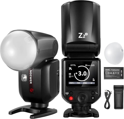 NEEWER Z2-N 2.4G TTL Round Head Flash Speedlite Compatible with Nikon Cameras, 76Ws 1/8000s HSS with Diffuser, 2 Modeling Lamps, Upgraded UI, TTL/M Toggle Key, 3000mAh Battery, 600 Full Power Flash