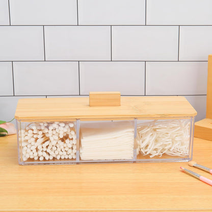 Clear Acrylic Cotton Swab and Ball Holder with Bamboo Lid, 3-Compartment Bathroom Organizer for Vanity, Makeup, and Countertop Storage - PuriLite