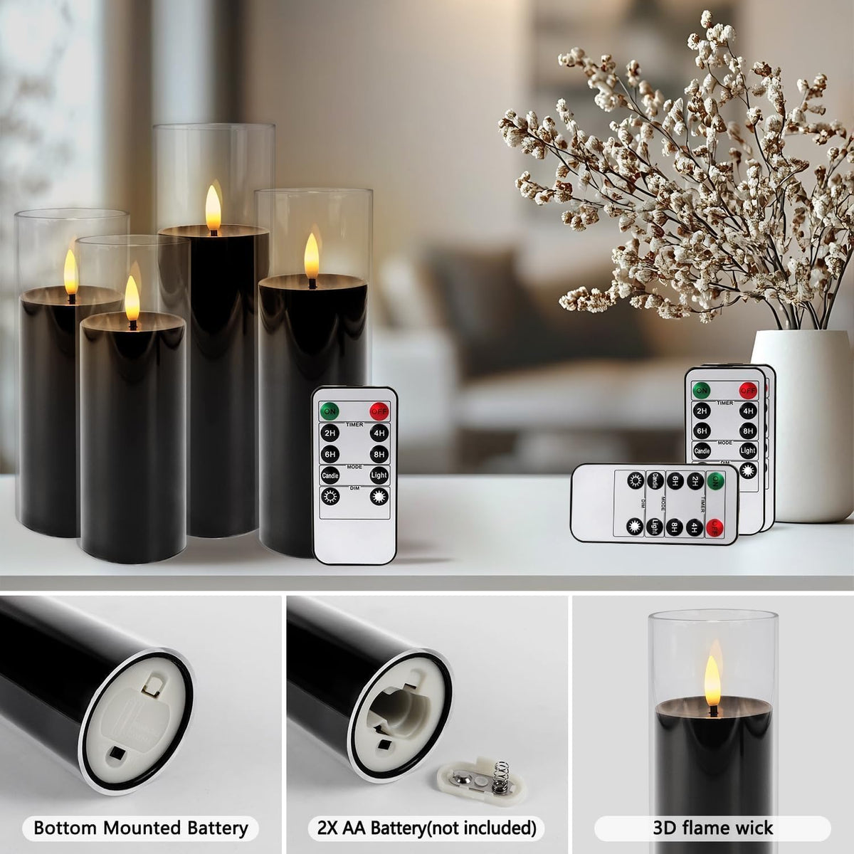 24-Pack Black Flameless LED Candles - Elegant Black Acrylic Pillar, Realistic Flickering Flame, Remote & Timer for Halloween, Gothic Decor, Weddings, Christmas & Home Decoration