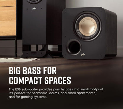 Polk Audio Signature Elite ES8 Subwoofer (Black), 8" Long-Throw Woofer with Mineral-Filled Polymer Cone, 100W Class D Amplifier, Front Firing Home Subwoofer, Time-Smart Phase Control
