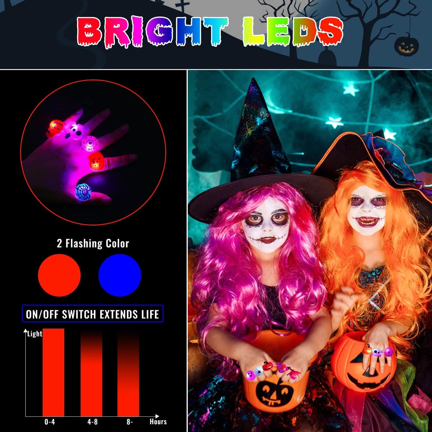 CCINEE Halloween Party Favors for Kids,48pcs Halloween Light Up Flash Rings Bracelet Necklace Glow in the Dark Toys for Kids Halloween Bag Filler Trick or Treat