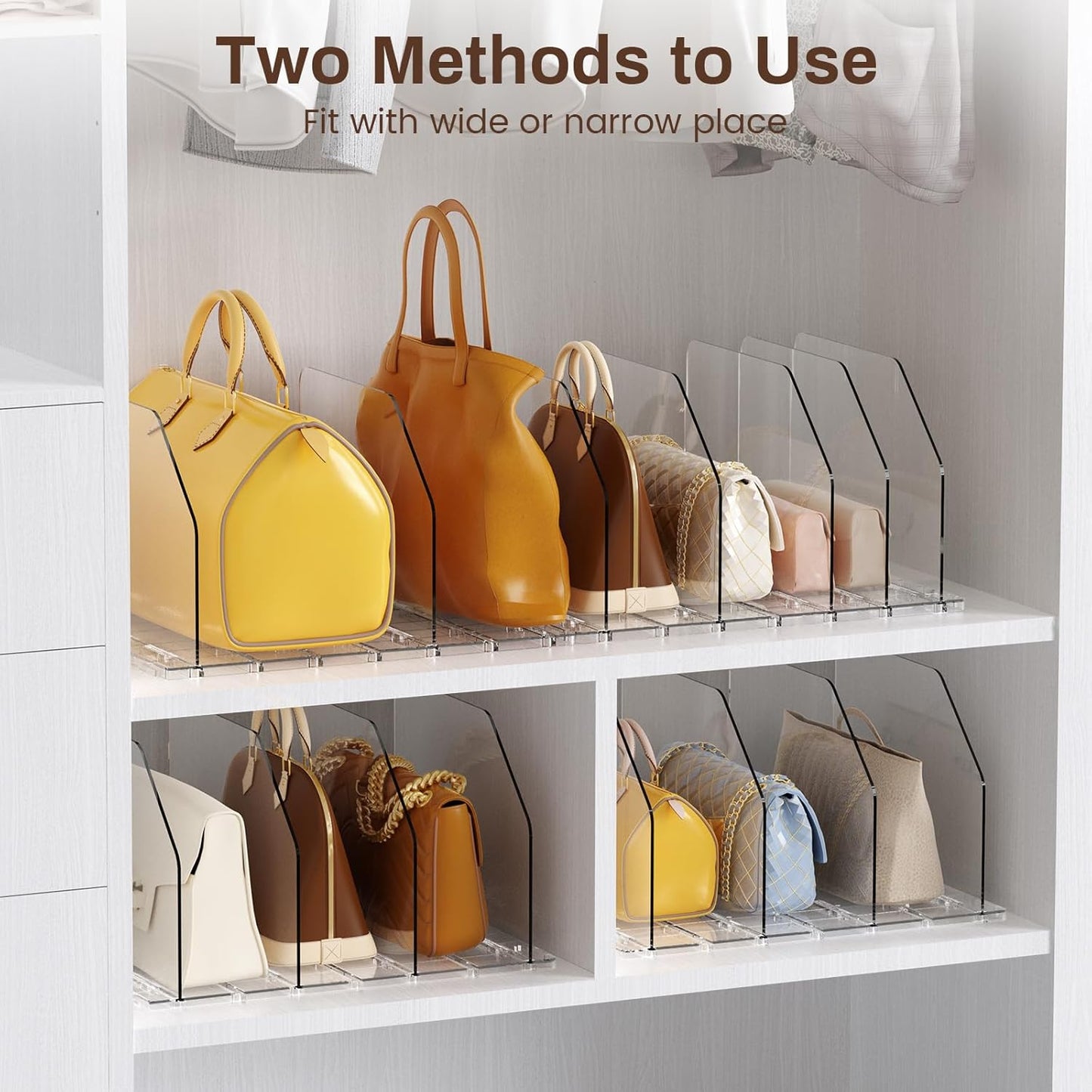 Adjustable Clear Purse Organizer for Closet Storage – Acrylic Handbag Shelf Divider System for Bedroom, Living Room and Home Organization