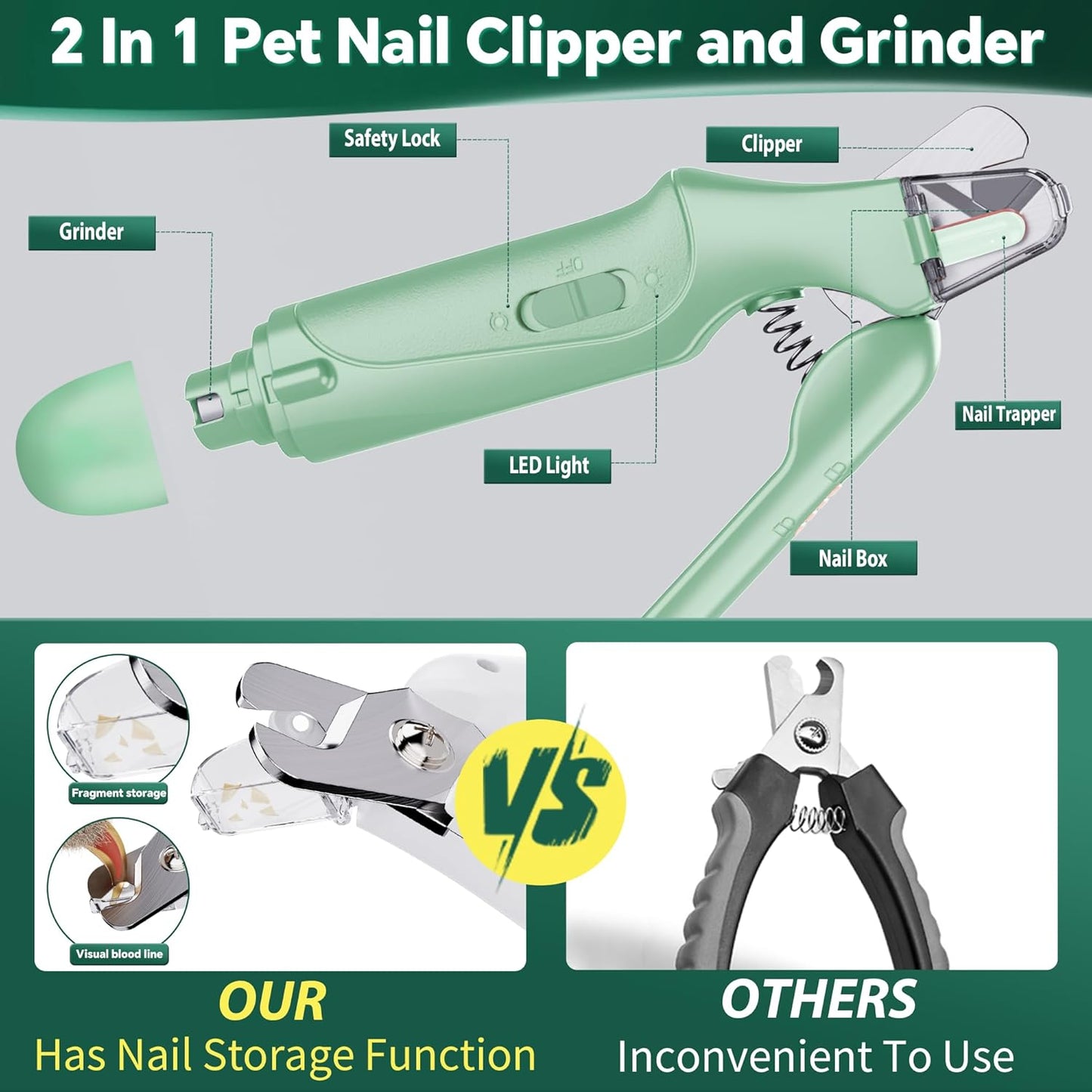 CATPICK 2-in-1 Cat Nail Clippers & Dog Nail Clippers Trimmers for Large Medium Small Dogs Cats Claw Trimmer Quick Sensor and Safety Guard USB Rechargeable with 2 LED Lights Dogs Nail Trimmer