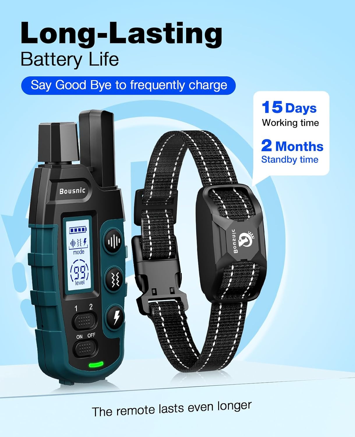 Bousnic Dog Shock Collar - 3300Ft Dog Training Collar with Remote for 5-120lbs Small Medium Large Dogs Rechargeable Waterproof e Collar with Beep (1-8), Vibration(1-16), Safe Shock(1-99) Modes (Blue)