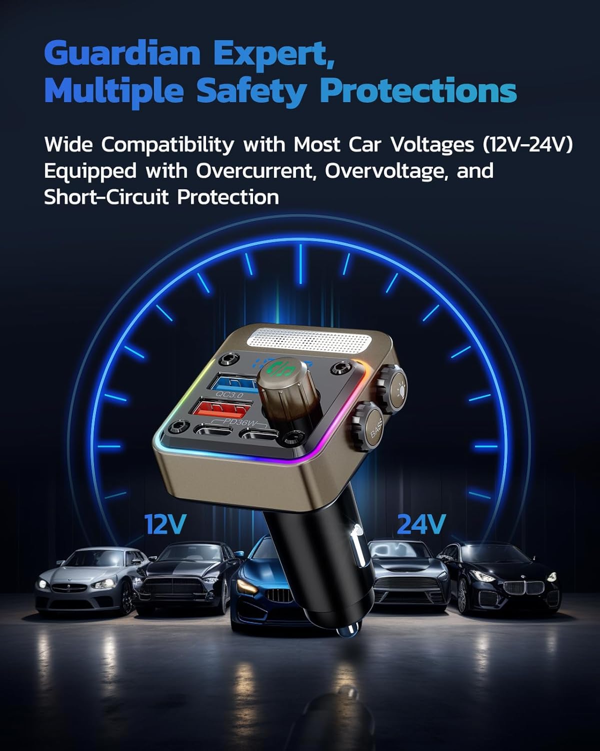Nulaxy 54W [PD 36W & QC3.0 18W] Bluetooth 5.3 Car Adapter with 4 Charging Ports, Wireless Radio FM Transmitter Audio Receiver with Deep Bass MP3 Music Player, 5 Colors LED Backlit, Hands-Free Calling