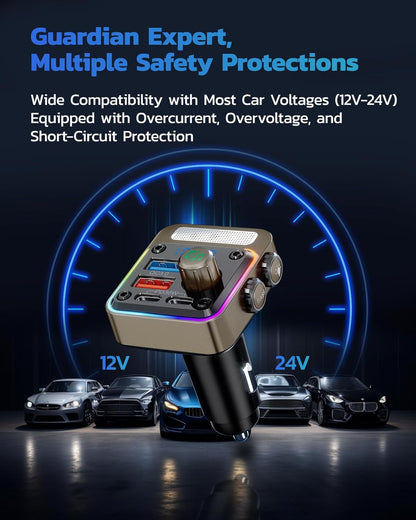 Nulaxy 54W [PD 36W & QC3.0 18W] Bluetooth 5.3 Car Adapter with 4 Charging Ports, Wireless Radio FM Transmitter Audio Receiver with Deep Bass MP3 Music Player, 5 Colors LED Backlit, Hands-Free Calling