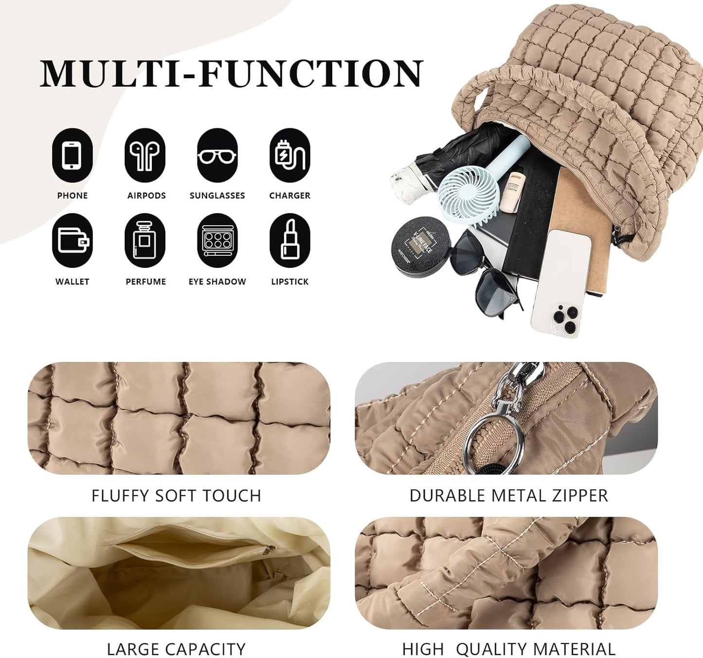 Quilted Puffer Tote Bag Large Crossbody Shoulder Bag with Zipper, Nylon Hobo Oversized Handbag