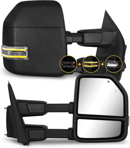 Towing Mirrors for 2021-2026 Ford F150, 2023-2026 F250 F350 F450 Manual Fold, Turn Signal & Running Light Power Adjusted Double Heated Glass Temperature Sensor (White Lens Unpainted Black)