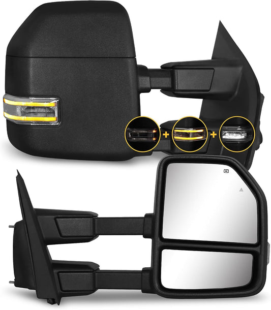 Towing Mirrors for 2021-2026 Ford F150, 2023-2026 F250 F350 F450 Manual Fold, Turn Signal & Running Light Power Adjusted Double Heated Glass Temperature Sensor (White Lens Unpainted Black)