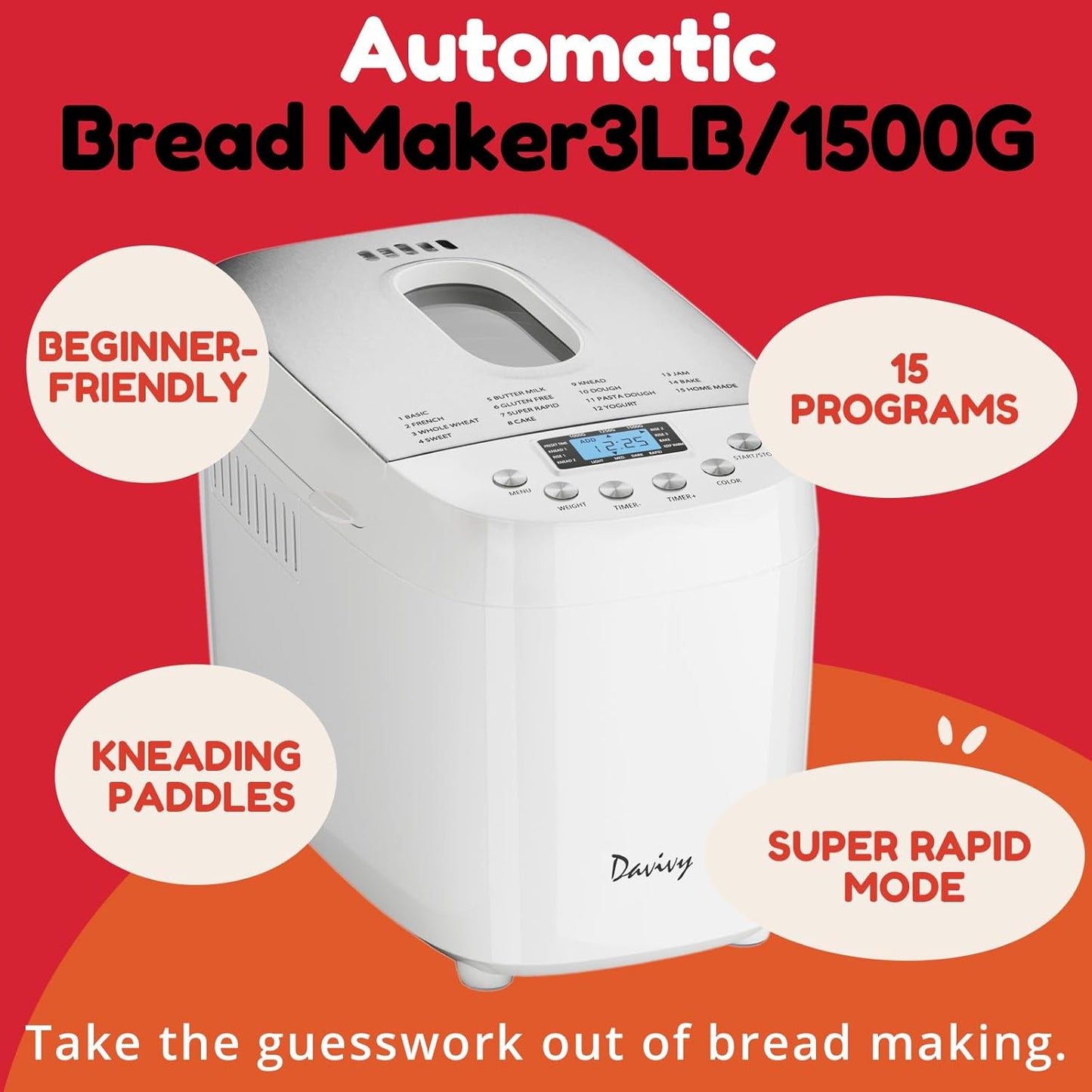 Davivy 3LB Large Capacity Bread Machine, 850W Powerful Automatic Bread Maker with 15 Programs, 3 Crust Colors & 1.5H 3LB Quick Bake, Nonstick Pan, 15H Delay Timer for Gluten Free Yogurt Dough