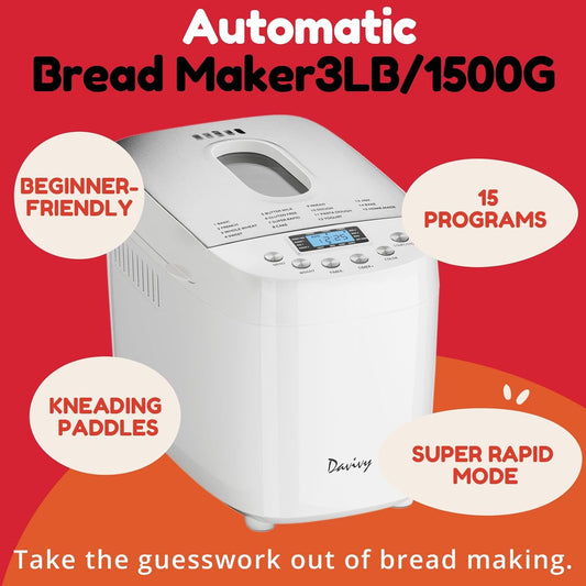 Davivy 3LB Large Capacity Bread Machine, 850W Powerful Automatic Bread Maker with 15 Programs, 3 Crust Colors & 1.5H 3LB Quick Bake, Nonstick Pan, 15H Delay Timer for Gluten Free Yogurt Dough