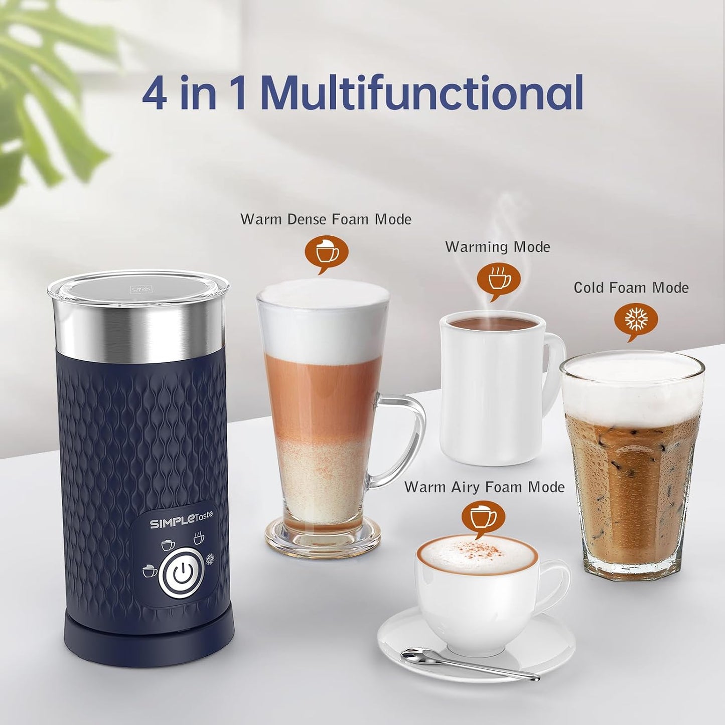 SIMPLETASTE Milk Frother, 4-in-1 Electric Automatic Milk Steamer, Navy | Warm and Cold Foam Maker and Milk Warmer for Latte, Macchiato, Cappuccino, Hot Chocolate