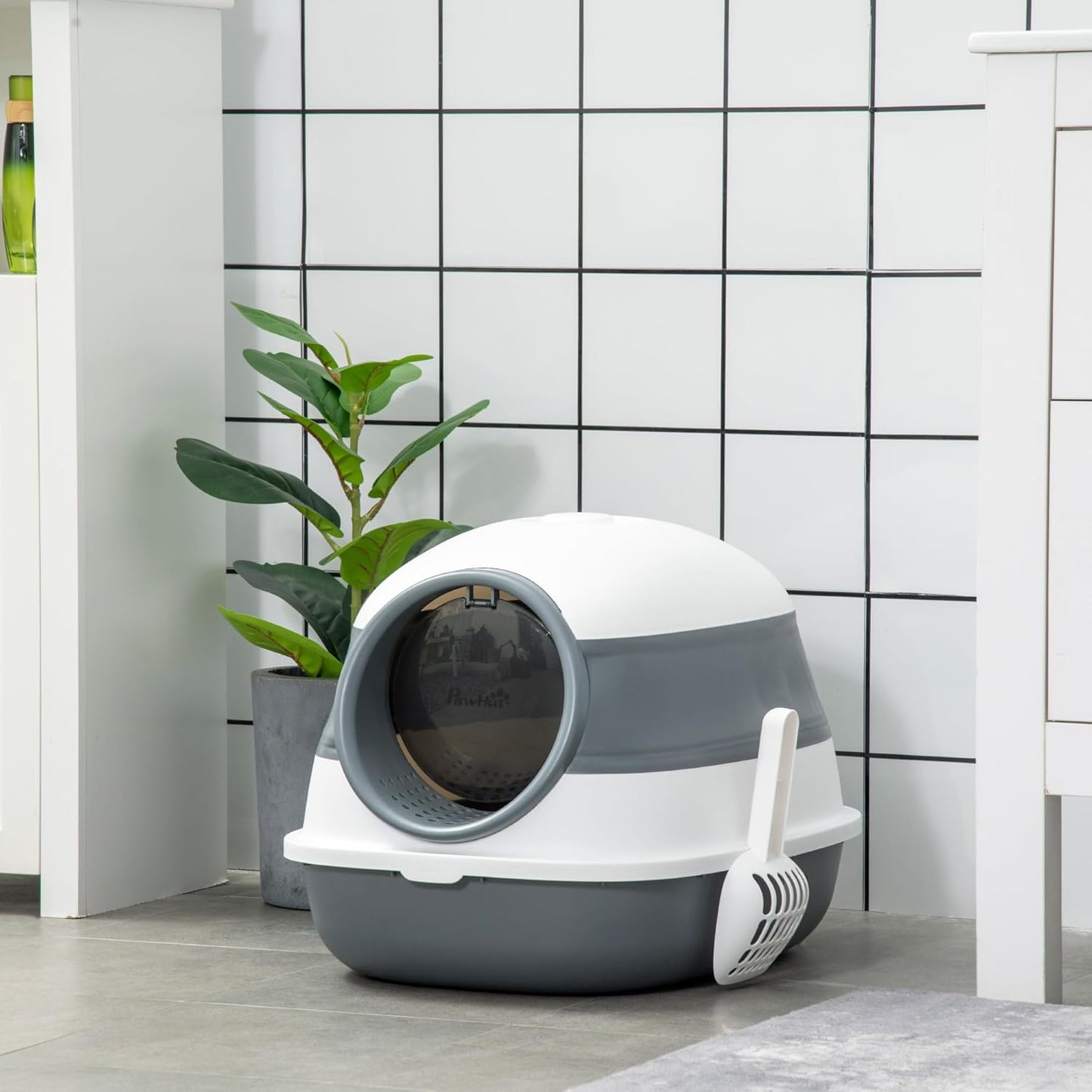 PawHut Foldable Large Cat Litter Box with Lid, Covered Kitten Litter Box w/Automatic Cat Litter-Proof Sides, Deodorization, Easy to Clean, White and Grey