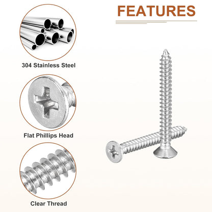 DTGN 100Pcs #8x1 Flat Head Wood Screws, 304 Stainless Steel Phillips Self Tapping Screws - Good for Woodworking, Furniture - Silver