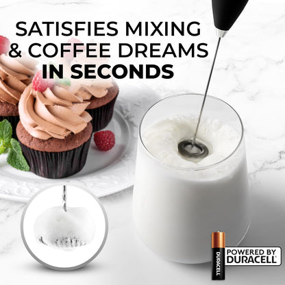 Zulay Kitchen Powerful Double Whisk Milk Frother Handheld - Foam Maker with Stand - Whisk Drink Mixer for Coffee, Mini Foamer for Latte, Matcha, Frappe, Hot Chocolate & Cappuccino (Black)
