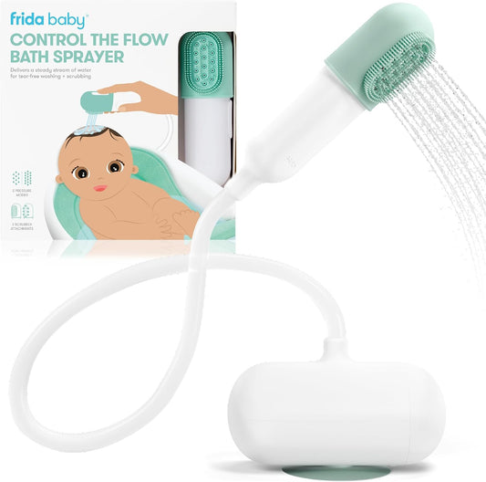 Frida Baby Control the Flow Bathtub Sprayer Attachment for Baby Bathtub, Baby Bath Shower Head with Scalp Massager, Control Waterflow with 2 Pressure Modes, Storage Caddy Holds 1 Gallon of Clean Water