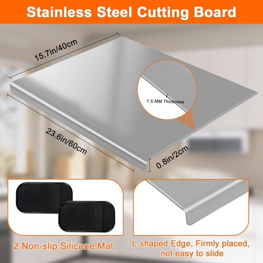 Stainless Steel Cutting Board with 2 Pack Non-Slip Mats, Yoposeo Heavy Duty Baking Cutting Chopping Boards for Kitchen, Meat, Fruits, Vegetables, Bread and Baking (23.6" X 15.7"/ 60 X 40cm)