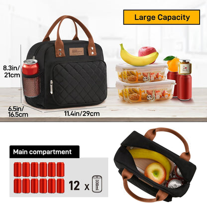 HOMESPON Lunch Bag for Woman Man Adults with Front Pocket Insulated Lunch Tote Lunch Box Container for Work Picnic or Travel(Black)