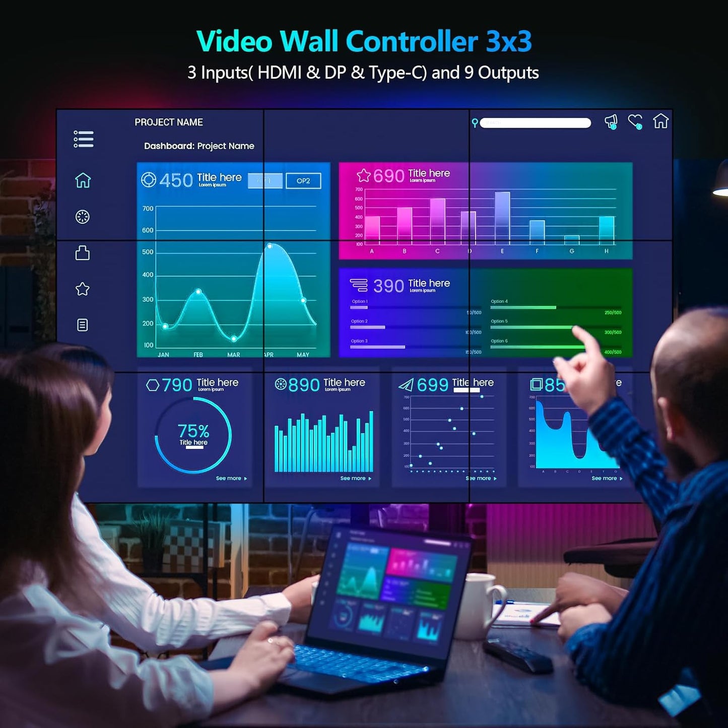 Video Wall Controller 2x2, HDMI 4K Input TV Wall Controller with 12 Modes, 180° Rotation, Edge Masking, Audio, IR Remote and 2x2,1x2,1x3,1x4,2x1,3x1,4x1 Modes, 4 tv Screens into 1 Wall Display