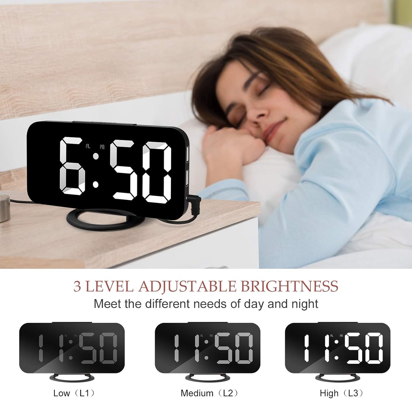 Digital Alarm Clock,Large LED Mirror Display, 2 USB Charging Ports，Auto Dim Mode，Modern Design Clock for Bedroom Office, White