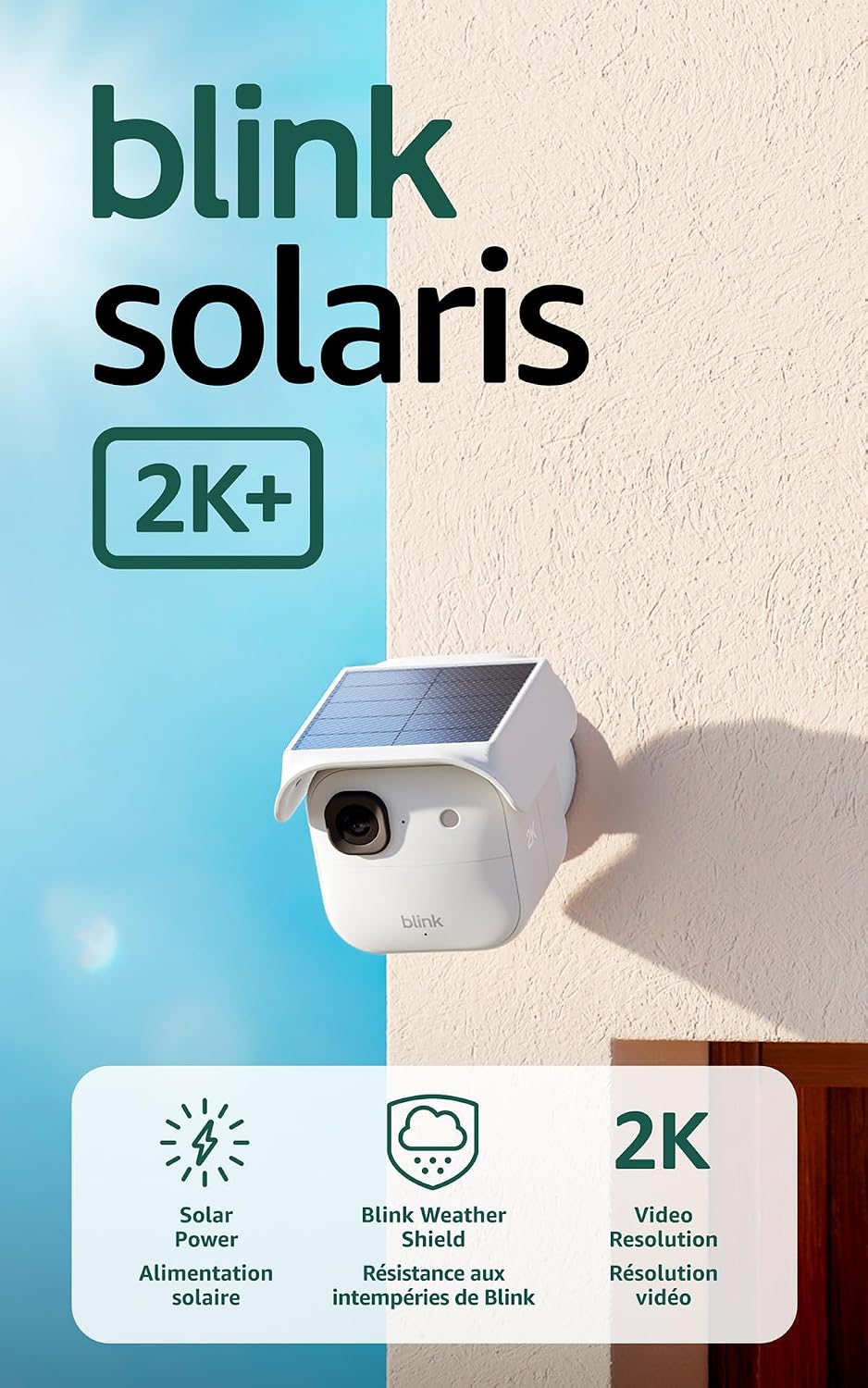 Blink Solaris 2K+ (newest model) — Solar-powered battery smart security camera, wireless fixed solar panel, 2K video, Sync Module Included — 2 camera system (Black)
