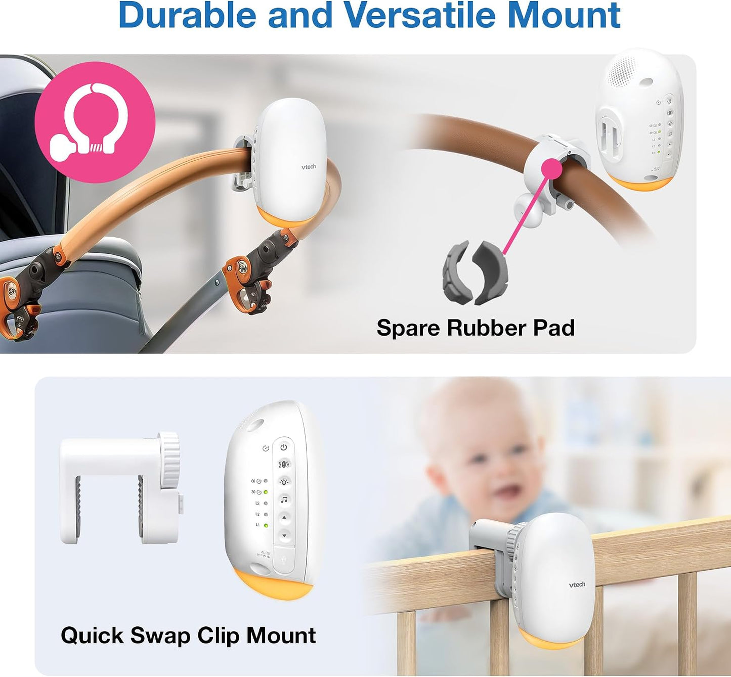 VTech Sound and Motion Stroller, 3-Level Rocking Motion, Stroller and Crib Mount, IPX2 Waterproof and Drip Resistant, Rechargeable Battery, Auto-Off Timer, Amber Night Light: V-Hush Rocker VR1