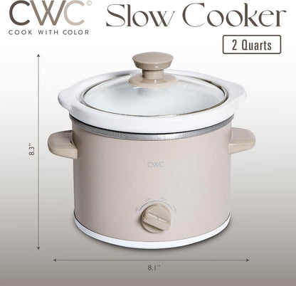 COOK WITH COLOR 2QT Mini Electric Round Slow Cooker - Adjustable Settings, Removable Stoneware Pot, Tempered Glass Lid, Dishwasher Safe, Cool-Touch Side Handles, Sand