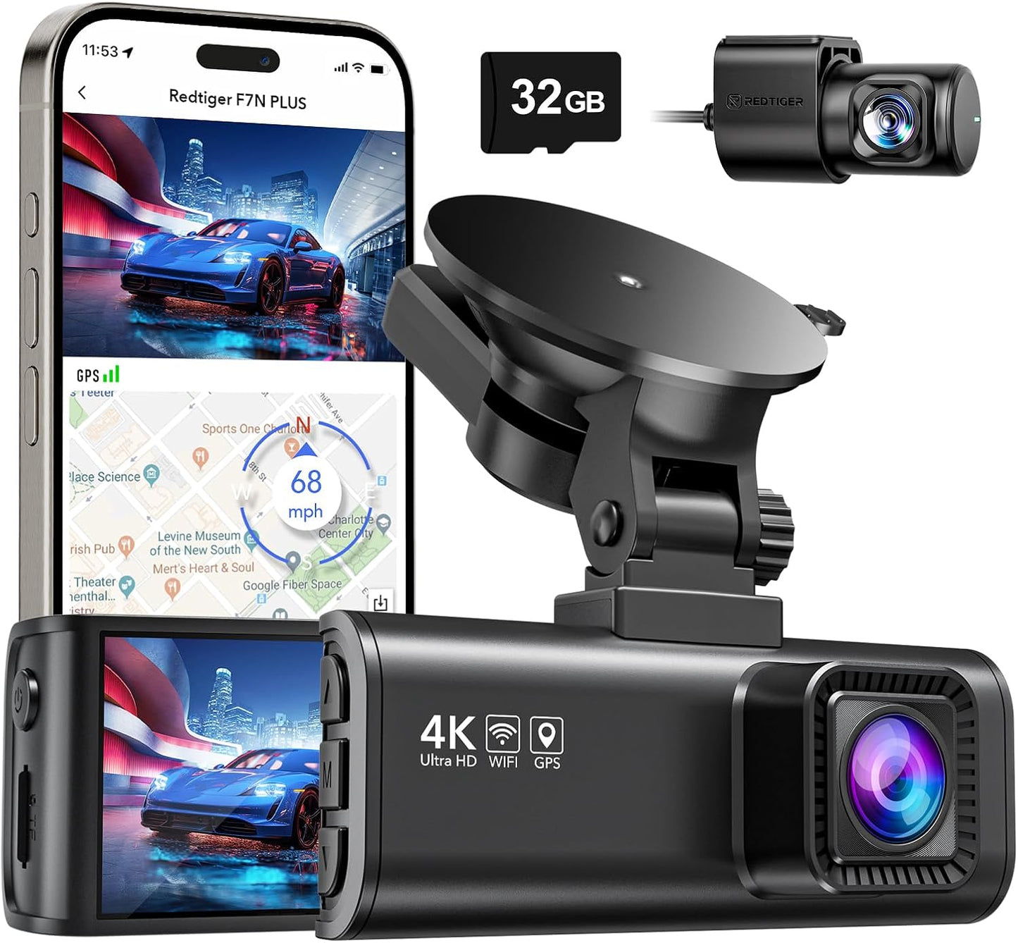 REDTIGER F7NP Dual Dash Cam - 4K Front + 1080P Rear, Built-in Wi-Fi, GPS, 32GB Card, Night Vision, Parking Mode