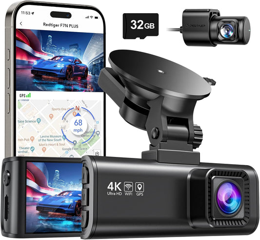 REDTIGER F7NP Dual Dash Cam - 4K Front + 1080P Rear, Built-in Wi-Fi, GPS, 32GB Card, Night Vision, Parking Mode