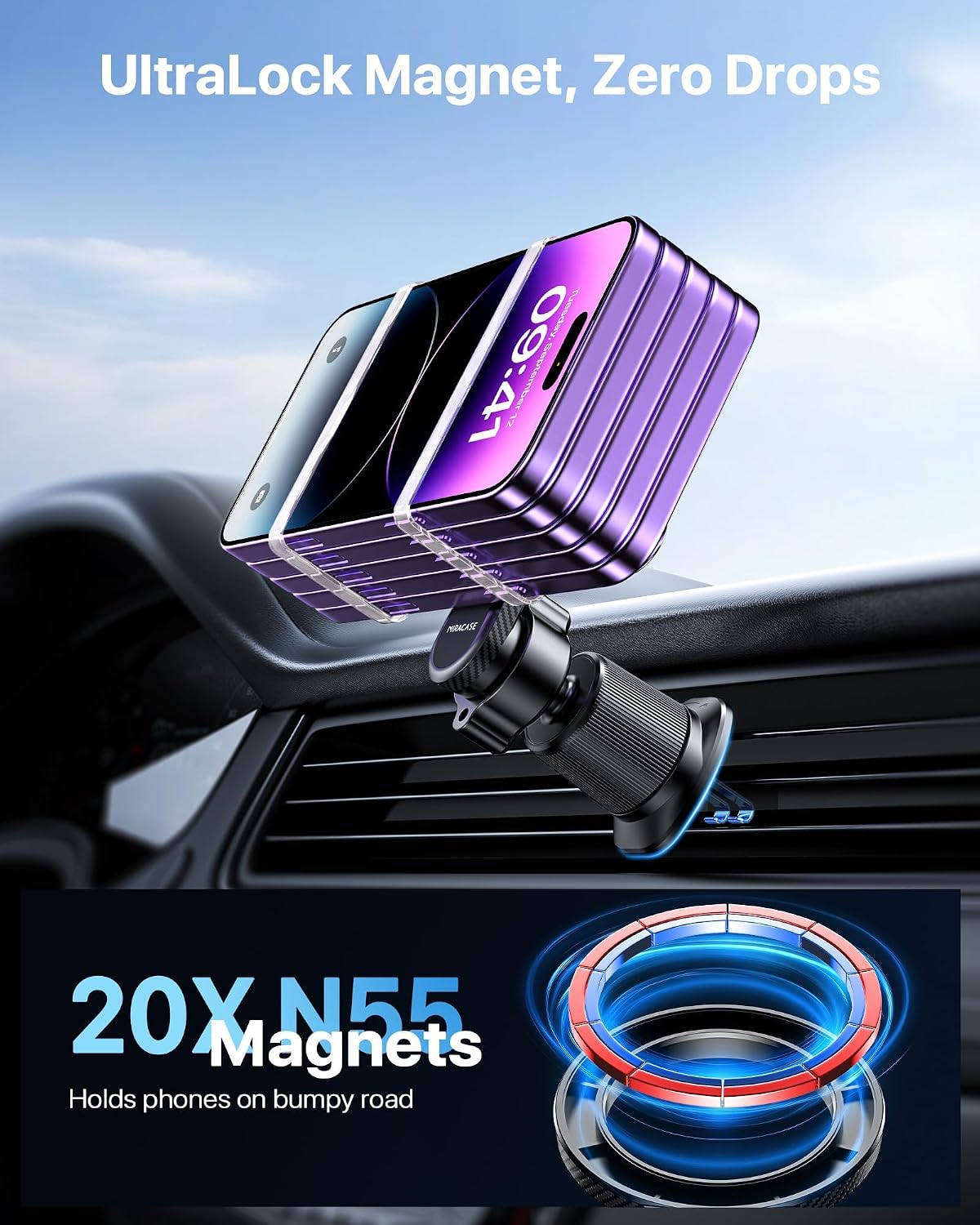 Miracase for MagSafe Car Mount【Won’t Block Vent &20 Strongest Magnets】 Magnetic Phone Holder for Car Phone Holder Mount Dash for Car Accessories for Women Men
