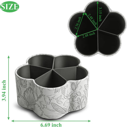 Flower Shaped Leather Art Supply Organizer,Remote Control Holder,360 Degree Spinning,Multi-Functional Pencil Holder,5 Compartments Desktop Stationary Organizer(1-Flower Grey)