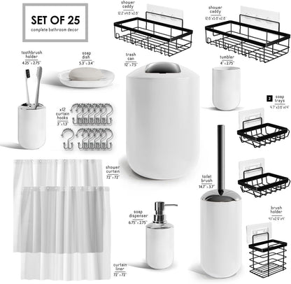 Clara Clark Bathroom Set - Gray Bathroom Accessories Set, Bathroom Sets with Shower Curtain and Rugs, 23PC Shower Curtain Set with Liner, Soap Dispenser, Soap Dish, Toilet Brush Holder, and Trash Can