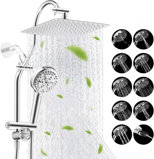 Hibbent Upgraded All Metal 10"Rainfall Showerhead Combo, High Pressure Shower Head with 10-Spray Mode Handheld, Innovative 4-way Diverter with Pause Mode, 71'' Shower Hose and Handheld Holder, Chrome - PuriLite