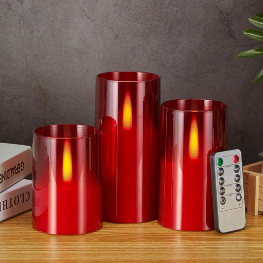 IMAGE Realistic Flickering Flameless LED Candles with Jumping Warm Yellow Flames, Upgraded Set Battery-Operated with Remote Timers, 3 Size Acrylic Candles (D 3" x H 4" 5" 6") (Red)