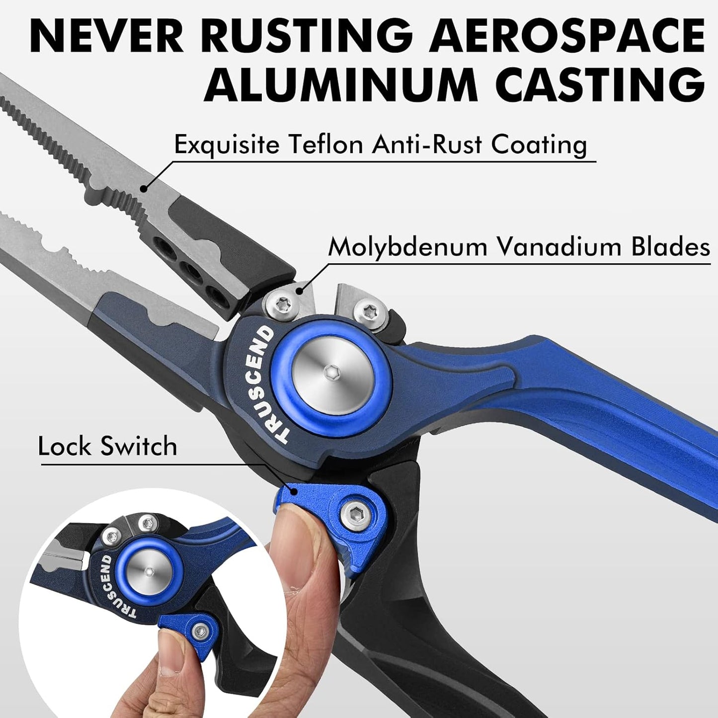 TRUSCEND Lockable Handy Fishing Pliers with Innovative Ergonomic Handle, Saltwater Corrosion Resistant Teflon Coated Fishing Tool, Multi-Function Fishing Gear with Mo-V Cutter, Amazing Fishing Gift